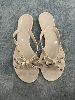 N G.N.D Beige Studded Bow Flip-Flops Jelly Sandals 10 • £24.09