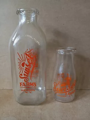 Vintage Lot Of 2 Sunset Farms Painted Half Pint & Quart Milk Bottles-Newark NY • $24.99