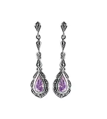 Drop Earrings Victorian Style 925 Sterling Silver  Set With Amethyst & Marcasite • £133.56