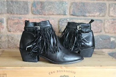 Black Leather Ankle Western Tassel Boots Size 4 / 37 By Office Used Condition • £12