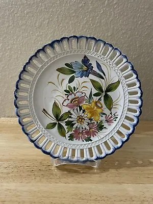 $18 • Buy Vtg Decorative Plate Hand Painted Floral Lattice Rim Italy