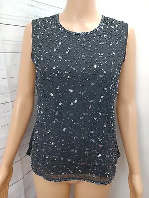 Erena Tank Top Cami Black Sequined Beaded Embellished Sleeveless Sz M  • $21.23