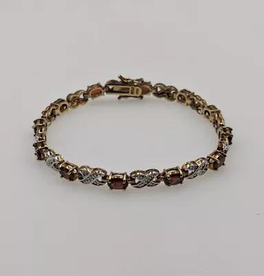 Vtg Gold Plated Over 925 Silver Garnet Diamond Accent 7.5  Tennis Bracelet  • $46.99