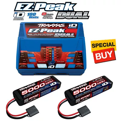 Traxxas 5000mAh 7.4v 2-Cell 25C LiPo Battery (2) W/ EZ-Peak Plus Dual Charger • $219.85