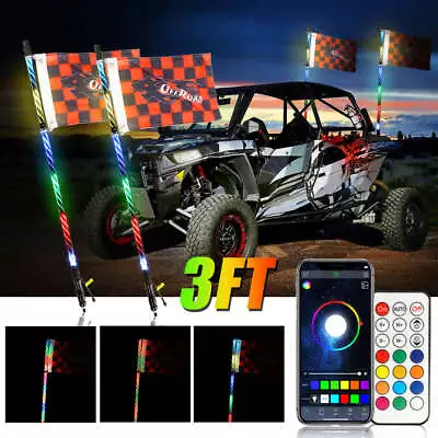 AUXBEAM 3FT RGB Spiral LED Whip Lights Antenna & Flag Remote With Brake Signal • $139.99