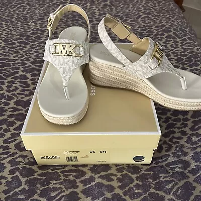 Michael Kors Camila Logo Canvas/Leather Wedge Sandal Vanilla 6 • $120