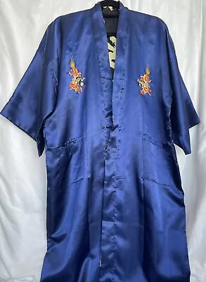 Chinese Robe Blue Satin Embroidered Dragon Open Front XL Reversible Long • $54.90