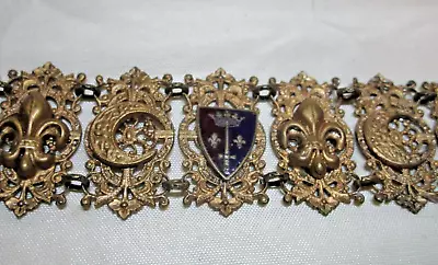 Vintage Fleur De Lis Crescent Moon Enamel Crest Panel Filigree Link Bracelet • $9.99