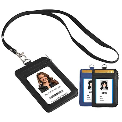 Vertical Leather ID Card Holder Badge Wallet Pocket W/6 Slot+Neck Strap Lanyard • $9.98