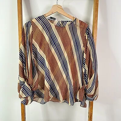 Zara Blouse Womens Medium Brown Sheer Striped Long Sleeve Relaxed Fit Top • $16.95