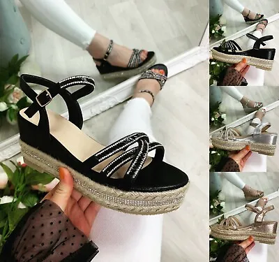 £15.99 • Buy New Womens Diamante Platform Sandals  Ankle Strap Wedges Espadrille Summer Shoes