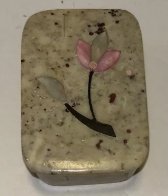 Carved Stone Marble Trinket Box Dish W/ Lid Abalone Inlay Pink Flower Pre-Owned • $10