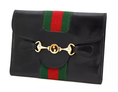Gucci Vintage Wallet Threefold Purse Sherry Horsebit Leather Black Authentic • $248.99