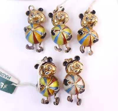 Vtg Lot Of 5 Cartoon Mouse Enamel Sterling Silver Pendants Chinese NOS Gold Wash • $49