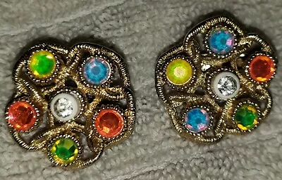 Vintage Estate Sarah Coventry Silver  Earrings Multi Color Stones Signed Clip On • $10