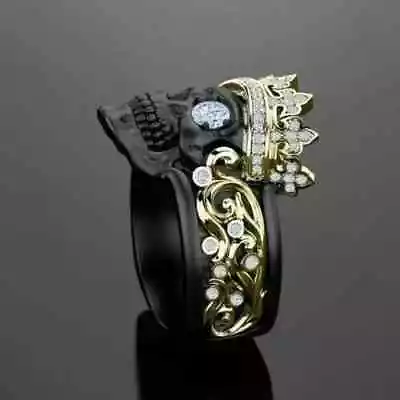 14K Black Gold Plated Halloween Lab Created Round Diamond Men's Head Scull Ring • $247.11