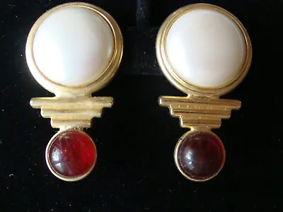 $100 • Buy Huge Vintage Signed Ben Amun Gold Tone Faux Pearl Ruby Clip Earrings 80's Era