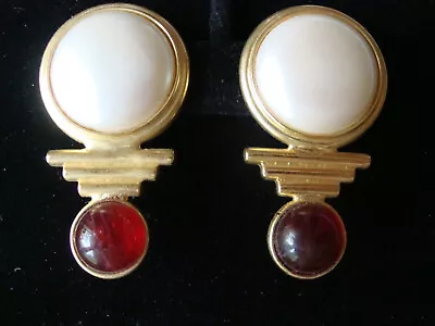 $100 • Buy Huge Vintage Signed Ben Amun Gold Tone Faux Pearl Ruby Clip Earrings 80's Era