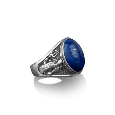 Solid 925 Sterling Silver Natural Lapis Gemstone Poseidon Trident Men's Ring • $43.23