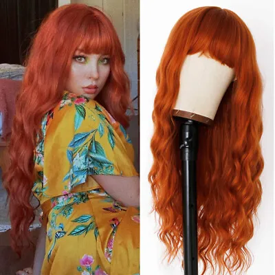 $19.40 • Buy Long Loose Wavy Wig Orange Heat Resistant Synthetic Hair Wigs Full Bangs Natural