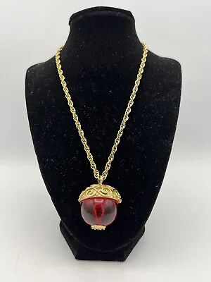 Vintage Trifari Gold Tone Red Lucite Acorn Statement Necklace And Earrings Set. • $149.99