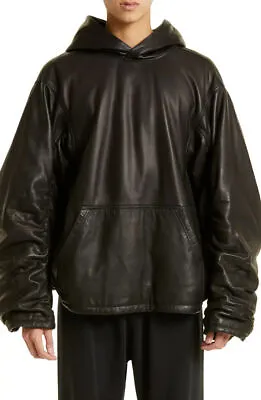 Men's Black Oversized Casual Hoodie Genuine Leather Soft Lambskin Jacket • $131.46