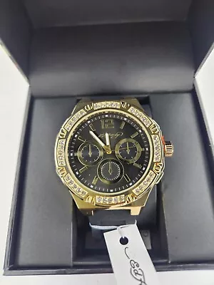 Ed Hardy Watch Men's Gold Cubic Zirconia Black Silicone Band NIB • $39.95