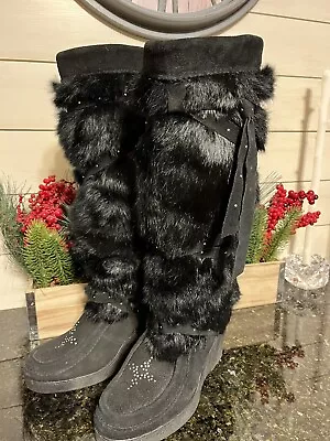 Muks Mukluks Of Manitobah Size 8 Womens Black Rabbit Fur Suede Wedge Boots Tall • $99.99