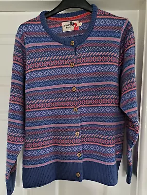 Country Rose Size Medium 12-14 Fairisle Knitted Wool Cardigan Blue/pinks • £15.99