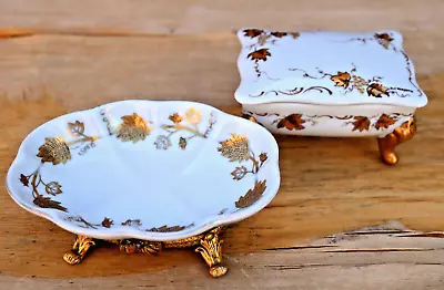 Vintage White Porcelain 24KT Gold Leaves Design Trinket Boxes Soap Dish • $28.99