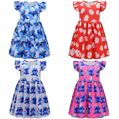 Lilo And Stitch Girls Princess Pleated Party Dress Cartoon Costume Xmas Gift UK • £11.88