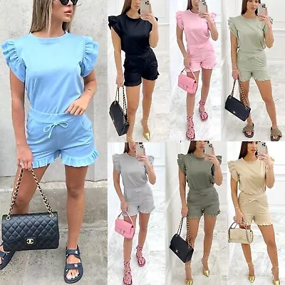 Womens Ladies Frill Peplum Sleeve Top With Shorts Two Piece Co Ord Set Tracksuit • £12.95