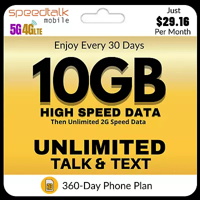 Prepaid SIM Card Kit Unlimited Data Talk Text SpeedTalk Smart Phone Plan 1 Year • $350