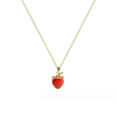 Gold Titanium Red Strawberry Green Leaves Pendant Chain Necklace • $9.99