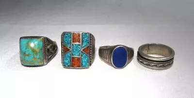 Mens Vintage Southwest Sterling Silver Ring Lot Turquoise Coral C3646 • $170