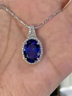 Oval Lab-Created Blue Sapphire Women's Pendant Necklace 14K White Gold Plated • $65.99