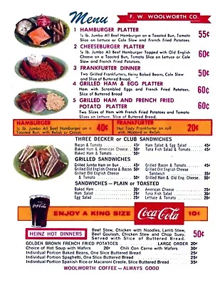 F.W. WOOLWORTH  LUNCH COUNTER MENU 8x5x11 GLOSSY REPRINT VINTAGE • $9.95