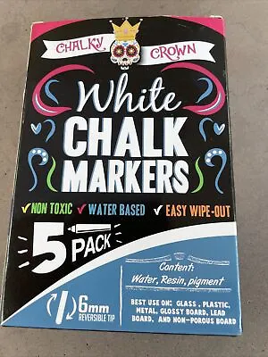 $14.99 • Buy CHALKY CROWN Liquid Chalk Marker Pen White For Chalkboards 6mm Reversible 5 Pcs