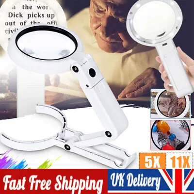 5X / 11X Magnifying Glass With Light 8 LED LAMP Magnifier Foldable Stand Table • £9.66