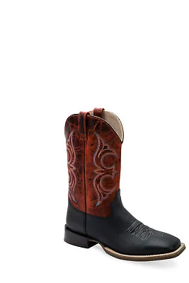 Old West Mens Broad Square Toe Black/Burnt Red Leather Cowboy Boots • $105.99