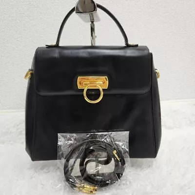 Vintage Salvatore Ferragamo Leather Handbag Shoulder Bag Black Gancini Italy JP • $226