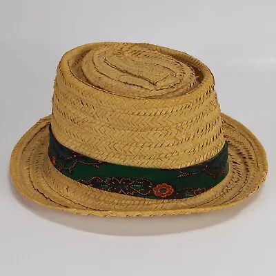 Vintage Straw Fedora Hat Mens Paisley Band Padded Top Structured Mens Cuban  • $18.49
