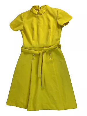 VTG 70s Rockabilly Womens Small Yellow Belted High Neck Button Dress Mad Men • $53.39