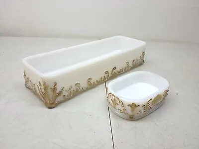 Dithridge Milk Glass Gold Trim 2 Piece Vanity Set Makeup Perfume Tray Soap Dish • $51.99