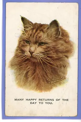 Old Inter-art Postcard Artist Signed Eugenie M Valter Pretty Fuffy Cat Birthday • £0.99