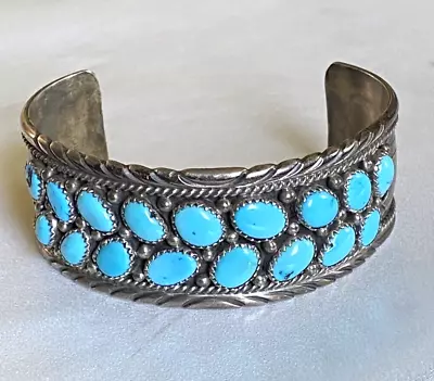 Vintage “Navajo” James Shay Sterling & Turquoise Cluster Row Cuff Bracelet+++ • $61