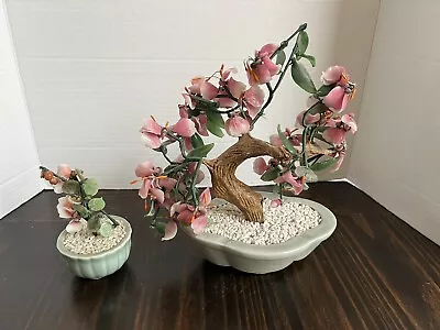 Vintage Chinese Peking Glass Stone Jade Cherry Blossom Bonsai Trees Pink Flowers • $69.99