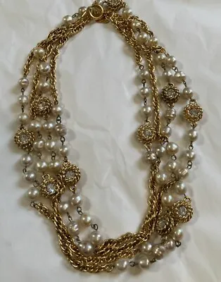 Vintage CHANEL Baroque Pearl And Rhinestone Gold Tone Logn 2 Strand Necklace • $1292.99