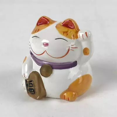 Japanese Ceramic Maneki Neko Cat Piggy Bank Vtg Chokin Bako White Orange BD944 • $29.96