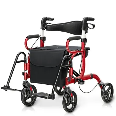 Folding Medical Rollator Walker Aluminum Transport Chair Adjustable Handle Red • $158.96